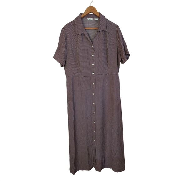 Eddie Bauer Dresses & Skirts - Eddie Bauer XL Burgundy Gingham Button Front Midi Shirt Dress Farm Cottage Retro